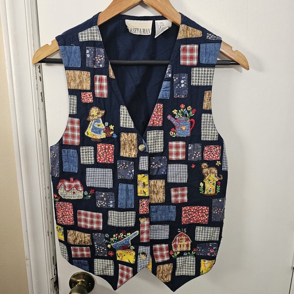 Vtg Casey & Max Embroidered Garden Patchwork Vest Sz S 90’s Teacher Grandma